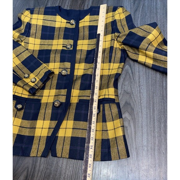 KASPER For ALS Vtg SKIRT SUIT In Mustard & Blue Plaid Size 6P w/Shoulder Pads - Picture 9 of 16